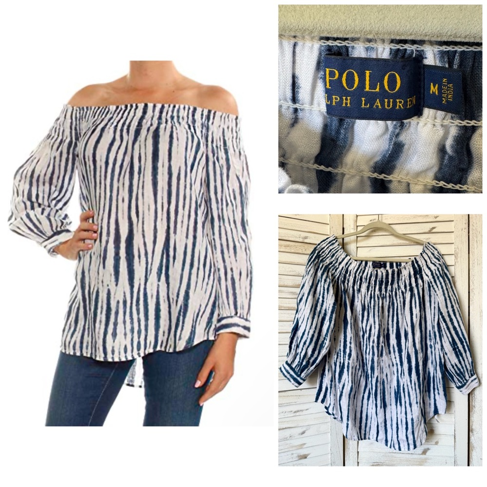 Polo by Ralph Lauren Women's Blue Off-Shoulder Top 100% Linen Medium